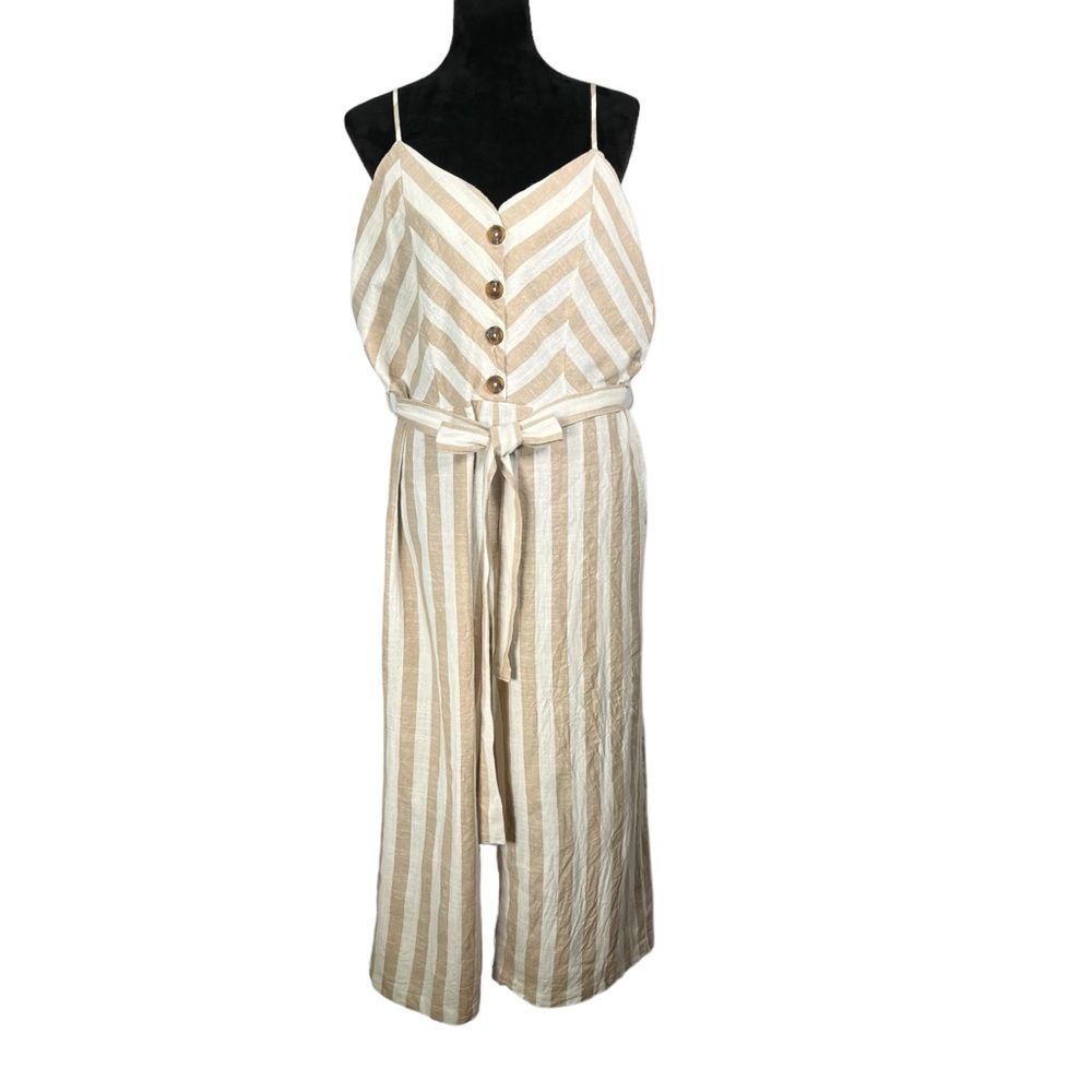 Kensie White Tan Stripe Jumpsuit Cotton Linen Spaghetti Strap Wide Leg Cropped - Picture 16 of 16